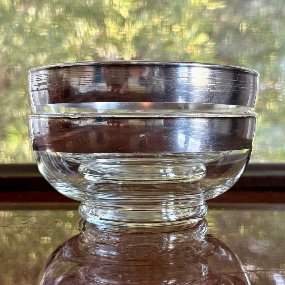 Dorothy Thorpe Glass Pedestal Dessert Bowls Silver Rim Set of 2 Mid Century